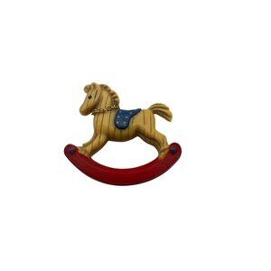 Vintage Avon Rocking Horse Brooch Pin Gold-Tone Red & Blue With Chain Accent